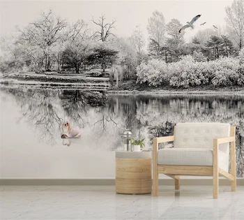 Özel 3D duvar kağıdı duvar İskandinav modern minimalist siyah ve beyaz manzara ahşap TV arka plan duvar