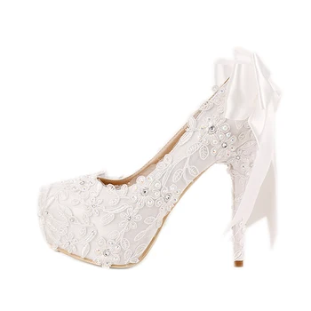 Beyaz Zarif Moda Deldi Elmas Yay Gelin Yüksek Topuklu Pompalar Platformu Stilettos Dantel Düğün Ayakkabı 10 cm 12 cm 14 cm