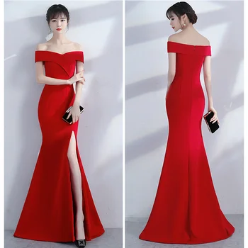 TMD-8642#Akşam Elbise Uzun Kapalı Omuz Trompet Düğün Parti Balo Bordo Koyu Mavi Beyaz Kırmızı Ucuz Toptan Yarık elbiseler
