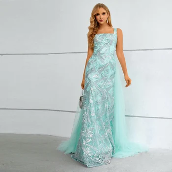 Mermaid Akşam Elbise Kadın Uzun Lüks Kolsuz Tekne Boyun Ayrılabilir Tren Glitter Dantel Örgün Parti Kıyafeti Vestidos Fiesta