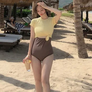 2019 Yeni Kore Kadın Üçgen Tek parça Mayo Çeliksiz Dantelli Sarı Kısa Kollu Mayo Kapak Göbek İçi Boş Seksi Takım Elbise
