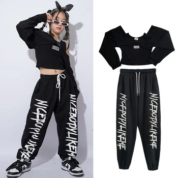 Siyah Kapalı Omuz Üstleri Gevşek pantolon Kpop Giyim Kızlar İçin Hip-Hop Dans Kostümleri Caz Eğitim Kıyafetleri Rave Giyim DQS11108