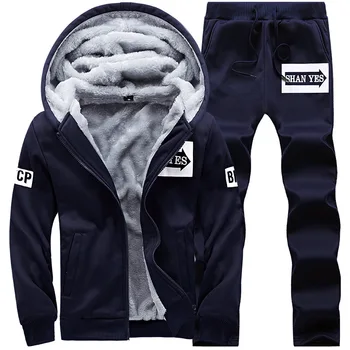 Kış Erkek Spor Eşofman Kalın Polar Termal Hoodie Ceket + pantolon Koşu Jogger Kıyafet Rahat Egzersiz Seti Spor Takım Elbise 2 ADET