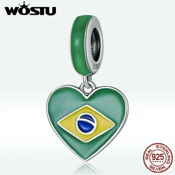 WOSTU 925 Ayar Gümüş Brezilya Bayrağı Kalp göz alıcı boncuk Fit Orijinal Bilezik DIY Bileklik Seyahat Takı Hediye FIC2084