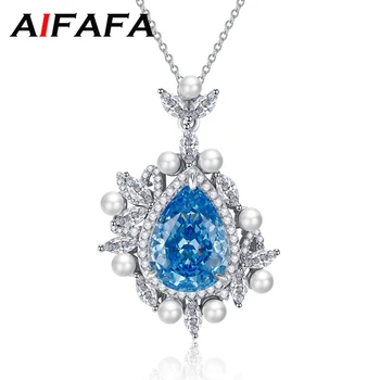 AIFAFA 925 Ayar Gümüş Safir Kolye Köpüklü Elmas Kolye Taş Nişan Düğün Gelin Güzel Takı