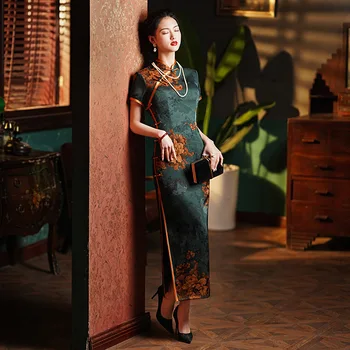 Geleneksel Çin Vintage Çiçek Baskı El Yapımı Düğme Uzun Cheongsam Elbise Kadınlar İçin Klasik Antik Cosplay Qipao Elbiseler