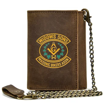 Yüksek Kaliteli Erkek Hakiki deri cüzdan Anti Hırsızlık Çile Demir Zincir Masonik Dul Sons Kapak kart tutucu Kısa çanta