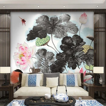 Özel 3D Fotoğraf Duvar Resimleri Çin Tarzı Mürekkep Boyama Lotus Çiçekleri Duvar Kağıdı Yatak Odası Oturma Odası Arka Plan Duvar Süslemeleri