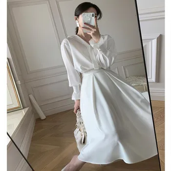 Women's Skirt 2022 Two Piece Set Commuting Solid Color Flared Sleeves Pleated Dress V-Neck Women's suit Костюмы с юбкой платье