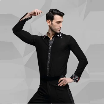 Erkek Dans Kulübü Yeni Bahar Siyah Uzun Kollu Gömlek Yetişkin Erkek Latin Dans Modern dans kostümü Rumba Samba Dans Bez B-4244