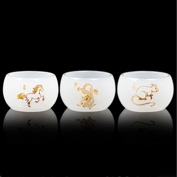 12 Çin Zodyak Oyma Beyaz Yeşim Porselen Çay Bardağı Master Kungfu Teacups Tek Cam Teaset Sıçan Yıl Hayat hediyeler