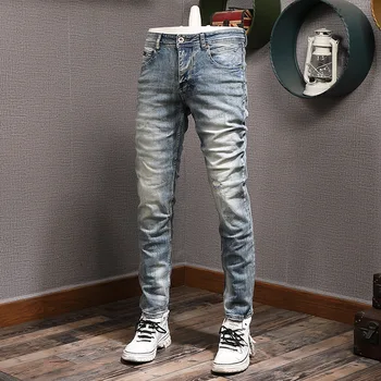 Vintage yırtık yama erkek kot sokak Hip-Hop ince erkek pantolon boyutu 28-38