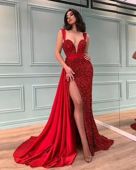 Balo Elbise Kırmızı Sequins Uzun 2022 Vestidos de Fiesta Seksi Mermaid Bölünmüş Yan Ayrılabilir Tren ile Örgün Abiye giyim Kadın