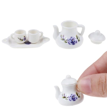 1:12 Minyatür 4 Adet Porselen Çay Bardağı Seti Basma Çiçek Sofra Mutfak Dollhouse Mobilya Oyuncaklar Çocuklar İçin