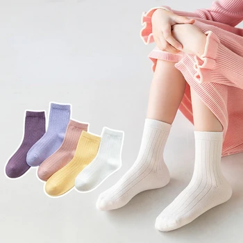 5 Çift / grup Çocuk Kız Pamuk Düz Renk Yüksek Çorap Rahat Ter Emici Nefes Erkek Çorap Çocuk Çorap 1-12 yıl