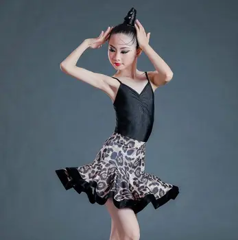Yeni çocuk Latin Dans Giyim Kız Uygulama Elbise Yaz Sling Leopar Baskı Bölünmüş Takım çocuk Latin dans eteği