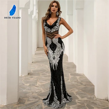DEERVEADO K16067 Seksi V Boyun Mermaid Sequins balo kıyafetleri 2021 Boncuk Lüks Kadın Parti Elbise Balo elbisesi