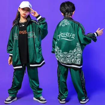 Çocuk Kpop Hip Hop Giyim Yeşil Baskı Büyük Boy Gömlek Ceket Rahat Ter Pantolon Kız Erkek Caz dans kostümü Giysileri Kıyafetler
