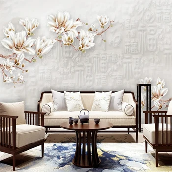 Çin Tarzı Manolya Çiçek Dalları 3D Kabartma dokunmamış Duvar Kağıdı Yatak Odası Oturma Odası Dekor TV Zemin Özel Büyük Fresk