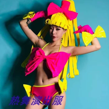 Seksi Bayan Renkli Sahne Performansı Kostüm Kadın Şarkıcı Dans Takımı Bikini Takım Elbise Şapkalar Cosplay Elbise DWY4563