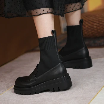 Deri Chelsea Çorap Çizmeler kadın Kışlık Botlar Moda kısa çizmeler kadın Düz 2021 Sonbahar Yeni Düz Topuk Platformu yarım çizmeler