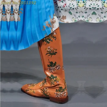 2020 Yeni Düz Diz Yüksek Çizmeler İle Moda Kare Ayak Pist Kadın Ayakkabı Vintage Etnik Nakış Kışlık Botlar rahat ayakkabılar