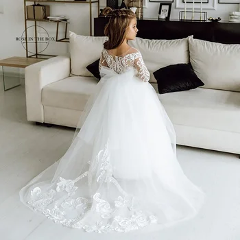 Uzun Kollu Dantel Prenses Çiçek Kız Elbise 2022 Balo Communion Beyaz Elbiseler Küçük Kızlar İçin Robe Mariage Enfant Fille