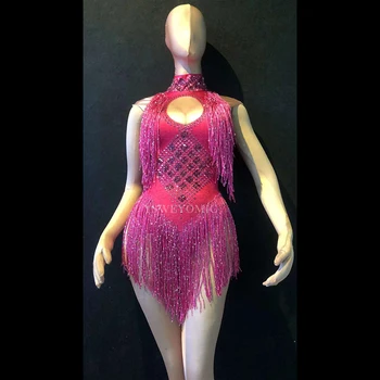 Yeni 4 Renkler Sparkly Rhinestones Püskül Leotard Gece Kulübü Dans DJ Gösterisi Sahne Giyim Streç Bodysuit Parti Kadın Şarkıcı Kıyafet