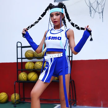 Mavi Amigo Üniforma Kadın Rave Seti Caz Giyim Dansçı Kıyafeti Kırpma Üstleri Sıcak Kısa Festivali Kıyafet DJ DS Sahne Giyim DL9735