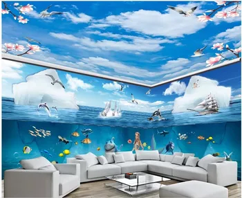 özel duvar 3d fotoğraf duvar kağıdı Mavi gökyüzü okyanus yunus mermaid tema uzay ev dekor oturma odası duvar kağıdı duvar 3 d