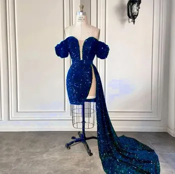 Sparkly Sequins Kraliyet Mavi Kokteyl Elbiseleri Kapalı Omuz Seksi Bölünmüş Tren Kadınlar Akşam Partisi Törenlerinde Robe De Soiree Afrika