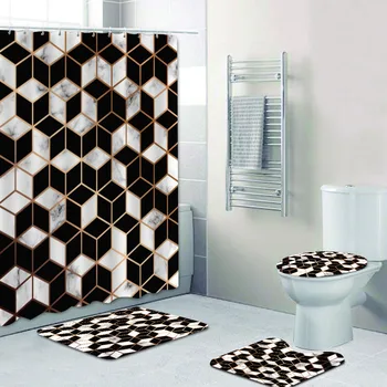 4 ADET Siyah Beyaz Pembe Mermer Duş perde seti Banyo Perdesi Ekran Geometrik Altıgen Banyo Paspas Kilim Halı Tuvalet Ev Dekor