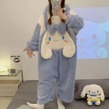 Sanrioed Kız Sonbahar ve Kış Tek Parça Pijama Kawaii Anime Animasyon Cinnamoroll Sevimli Sıcak Mercan Polar Büyük Ev Takım Elbise Seti