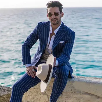 Mavi Plaj Düğün Smokin Şerit Erkek Takım Elbise Doruğa Yaka Slim Fit İş Balo Parti Blazer Ceket (Ceket + Pantolon)