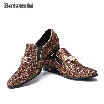 Batzuzhi Moda El Yapımı Erkek Ayakkabı Toe Glitter Kristal Deri Erkek Elbise Ayakkabı Sivri Topuklu Düğün & Parti Ayakkabıları Erkekler Yıldız 