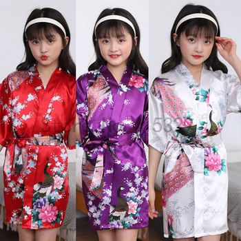 Baskı Tavuskuşu Çocuk Kimono Elbise Salonu Saten Çiçek Kız Yarım Kollu Gecelik Samimi İç Çamaşırı Kısa Ev Giyim