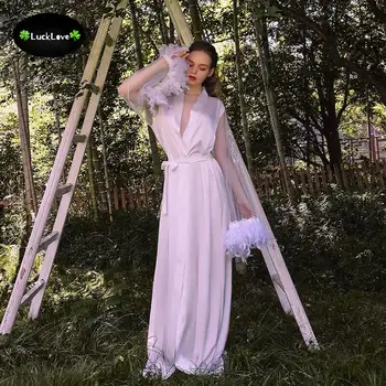 Lady Uzun Kat Uzunluk Sheer Kürk Kollu Elbiseler Tasarım Zarif Gelin Hediye Beyaz Prenses Peri Büyüleyici Bornoz Fantezi Nightshirt