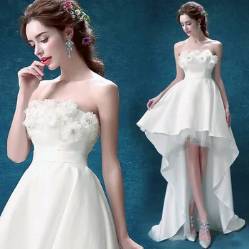 Kısa düğün elbisesi Saten Aplikler Yüksek / Düşük Fildişi Beyaz Gelinlikler Balo Basit gelinlik Vestido De Noiva Couture Elbise