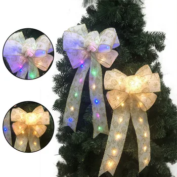 1 adet 40cm noel LED çelenk yay Noel çelenk çuval bezi yay LED ışıkları yay kış kapı duvar dekor noel ağacı Topper