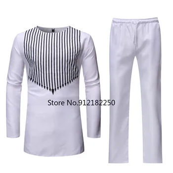 Beyaz Afrika Dashiki Baskı Üst Pantolon Seti 2 Parça Kıyafet Seti 2021 Moda Streetwear Erkekler Afrika Giysi Rahat Afrika Takım Elbise 3XL