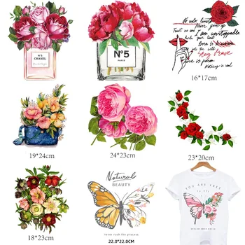Vintage Gül Çiçek Parfüm Yamalar Giysi Demir-on Transferler için Giyim Termal Yapışkan Yamalar Kelebek Çıkartmalar Yama