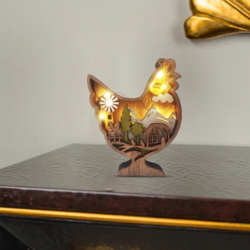 Ahşap Glow tavuk heykeli ile ışık 3D Hollow kuşlar Totem heykeller sanat el sanatları süsler yılbaşı hediyeleri tatil parti dekor