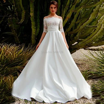 Muhteşem Saten Kapalı Omuz İki Parçalı Gelinlik Dantel Aplikler İle Yarım Kollu Gelin Elbise 2021 Beyaz Vestido Noiva