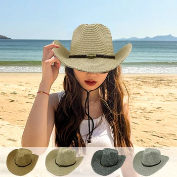 Büyük Ağız kadın Şapka Hasır Dokuma batı kovboy şapkası Buzlu Güneş plaj şapkası Açık Güneşlik Hasır Kovboy ve Cowgirl Şapka