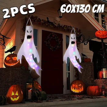 60x130CM İki adet set Cadılar Bayramı Süslemeleri Hayalet Rüzgar LED Parlayan Asılı Hayalet ışıkları Bahçe dış mekan ev dekoru 2022