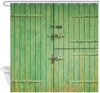 Rustik Ahır Kapı Duş Perdesi Yeşil Çiftlik Evi Kapalı Kapılar Bir Ahır Polyester Kumaş Banyo Banyo Perdeleri Kanca ile Set