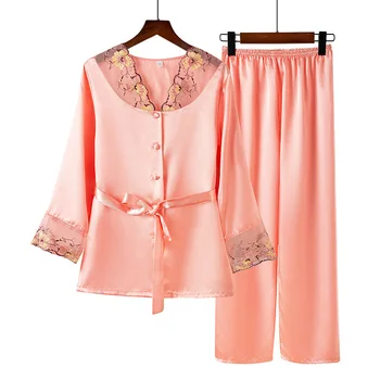 Dantel Patchwork Kıyafeti Saten Pijama Takım Elbise İki Adet Setleri Kadın Kıyafetleri Çiçek V Yaka Pijama Ev Giysileri Düğmeleri İle