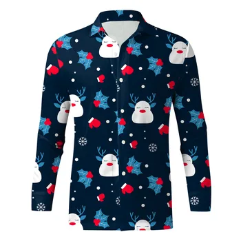 Noel Gömlek Kardan Adam Baskı Noel Uzun Kollu Resmi Bluz Tatil Parti Üstleri Büyük Boy Navidad Gömlek Erkekler İçin Giyim Camisa