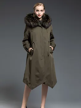 Gerçek Kürk Parka 2020 Kış Ceket Kadınlar Doğal Tavşan Kürk Astar Uzun Ceket Kadın Rakun Kürk Yaka Sıcak Palto BENİM