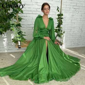 Yüzyıl Yeşil V Yaka balo kıyafetleri Uzun Puf Kollu Pilili Yarık Etek Balo Abiye Dantelli Bel Düğmeli Düğün Parti Elbiseler